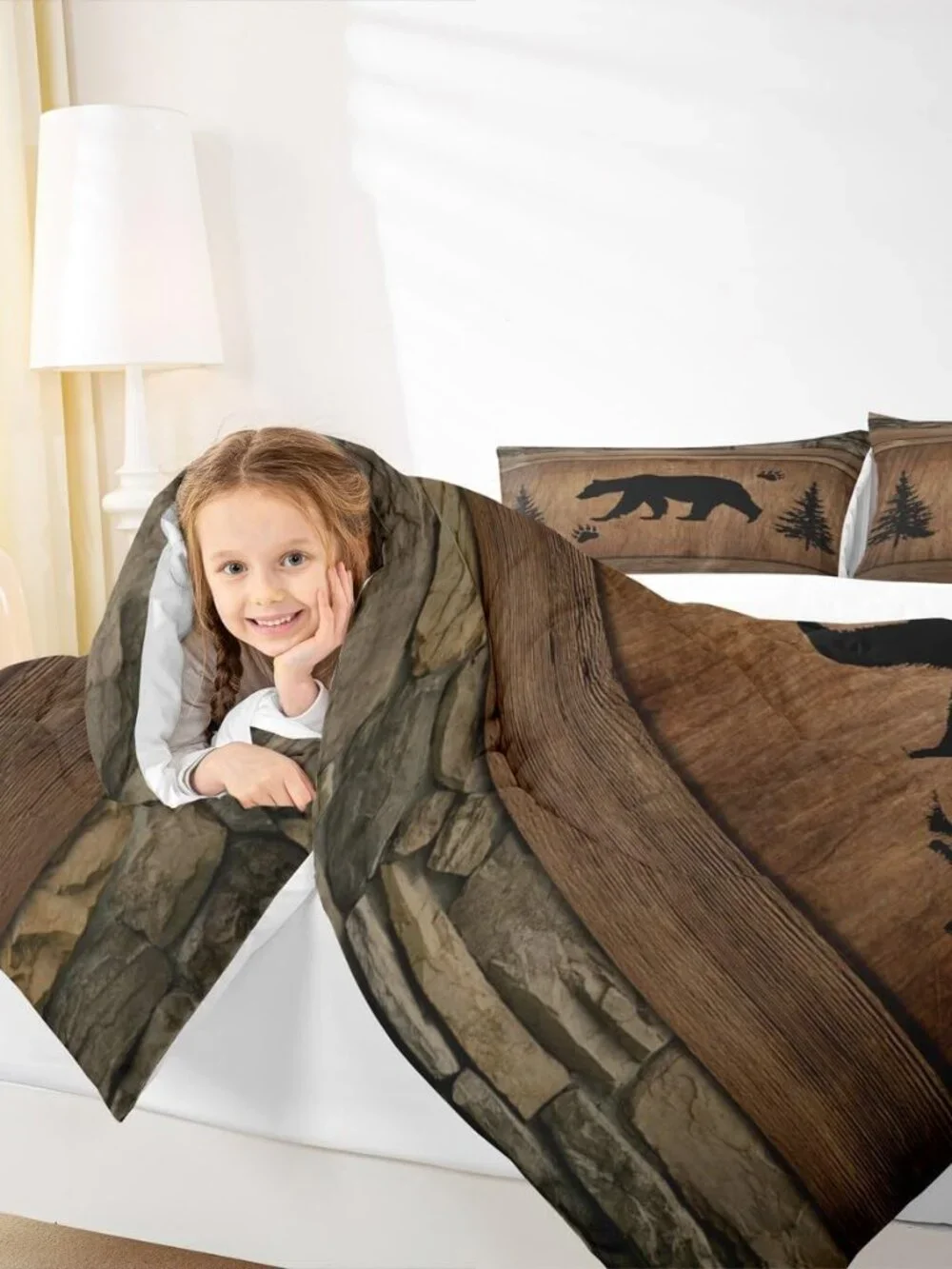 Rustic Bear Comforter Set Queen Size,Wild Animal Hunting Bedding Set 3pcs,Farmho